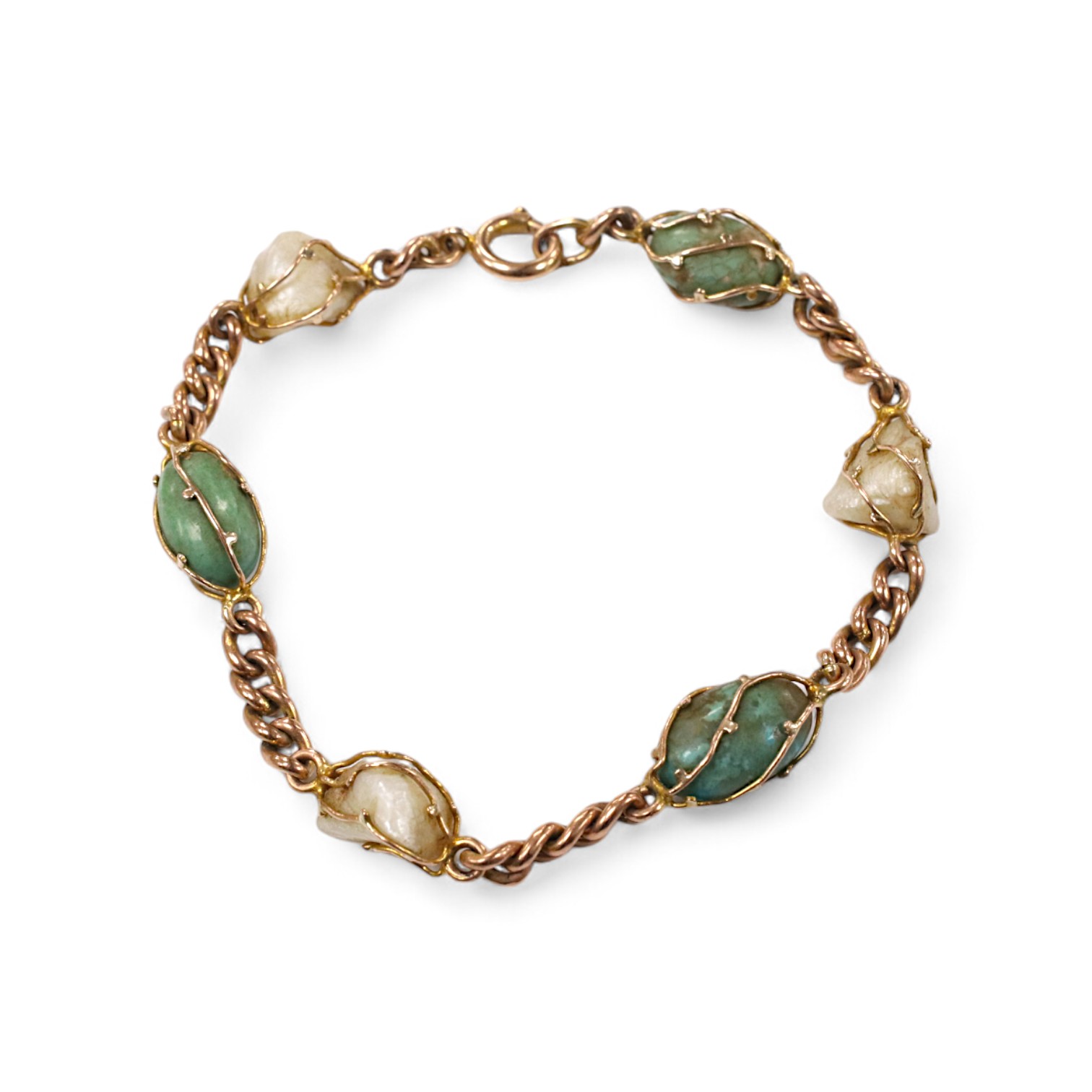 An early 20th century yellow metal, turquoise and baroque pearl set curb link bracelet, 18cm, gross weight 11.1 grams. Condition - fair